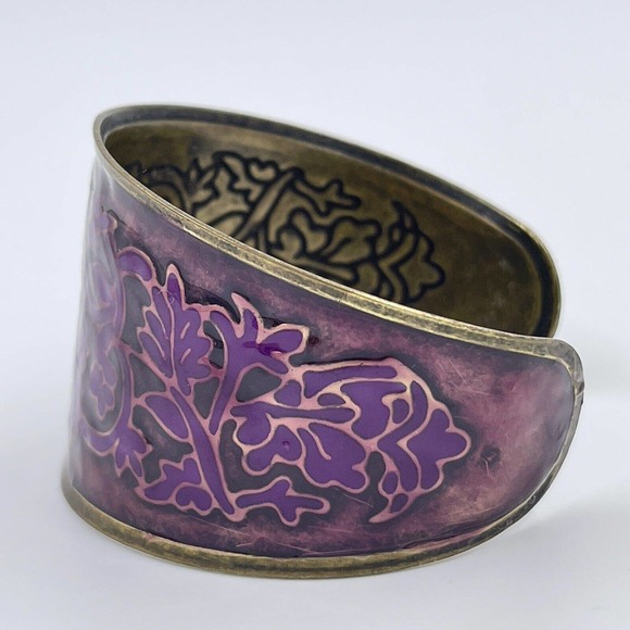 Vintage Cuff Bracelet Boho Chunky Vine Leaves Purple Floral Jewelry Brass Tone - Picture 3 of 7